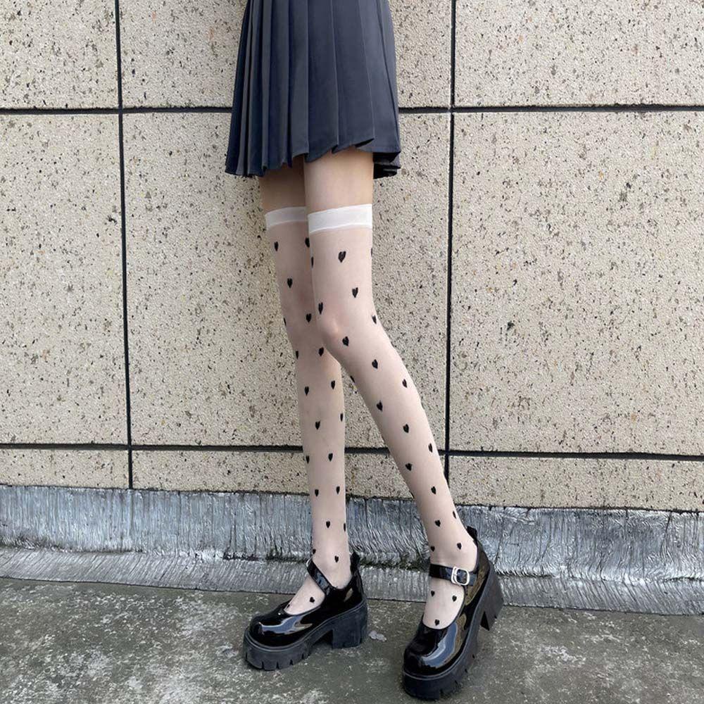 Vớ Lụa Đen Dài Qua Gối Thoáng Khí Họa Tiết Trái Tim Độc Đáo Phong Cách Nhật Bản