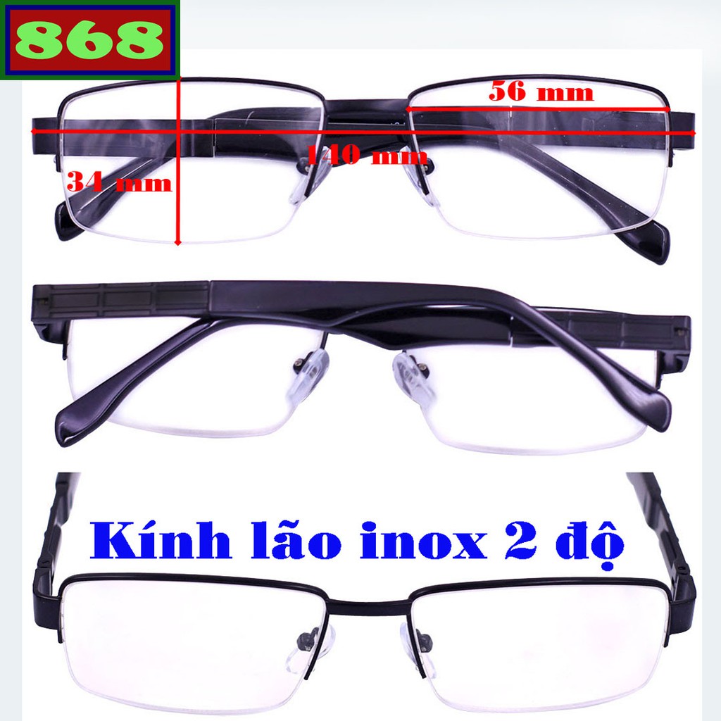 Mắt kính inox đen nửa gọng tròng lão 2 độ