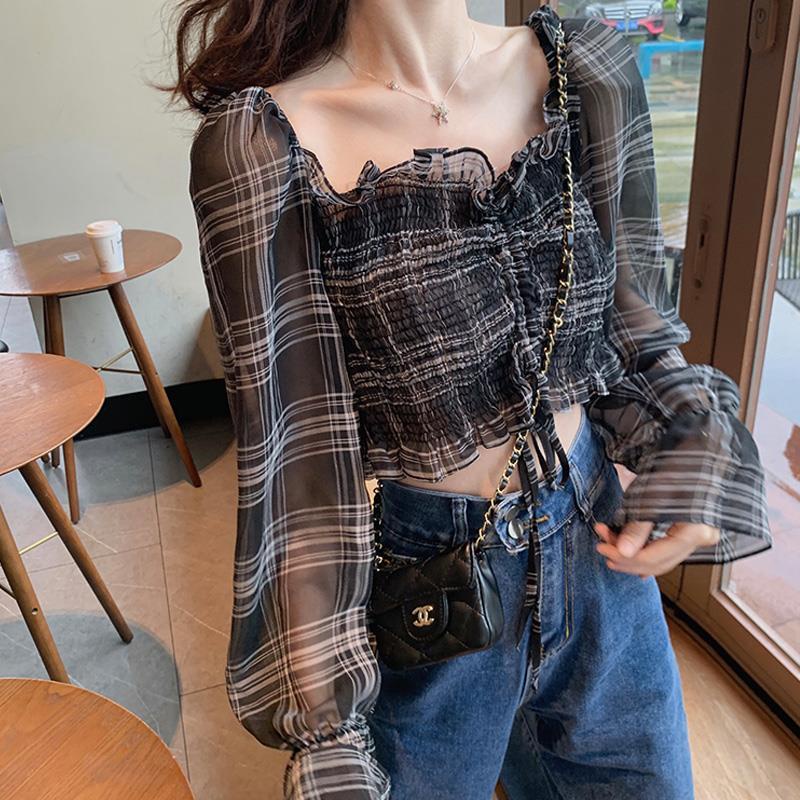Áo Voan Cổ Vuông Họa Tiết Sọc Caro Thiết Kế Mới Ngọt Ngào Thời Trang Cho Nữ