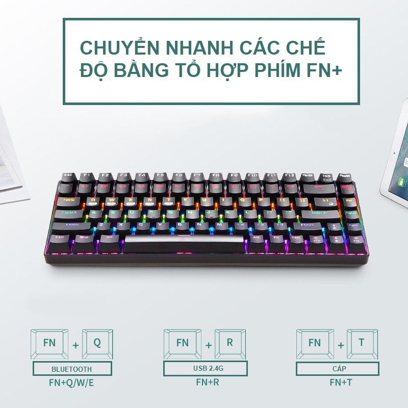 Bàn Phím Cơ không dây mini Đa kết nối RF84 Mix color Black Gaming cho máy tính