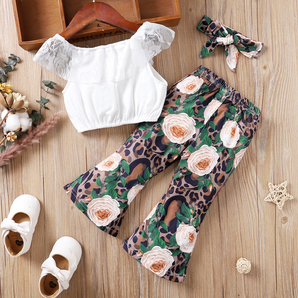 Bộ 3 món Mikrdoo gồm áo ren + quần in hoa + băng đô thời trang mùa hè dành cho bé gái