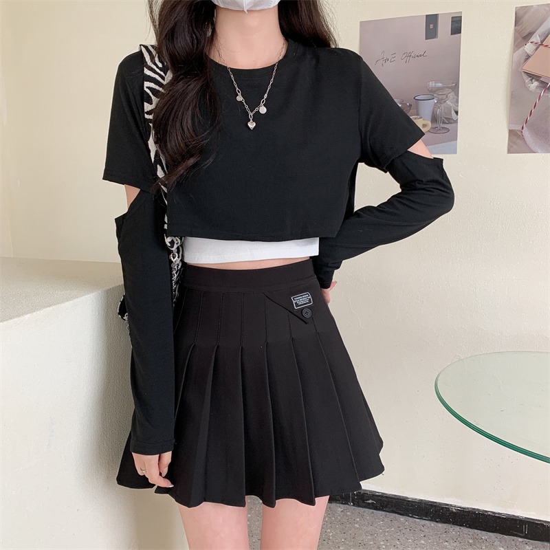 【ZHELIHANGFEI】Áo Thun Dài Tay Hở Eo Thiết Kế Giản Dị Thời Trang