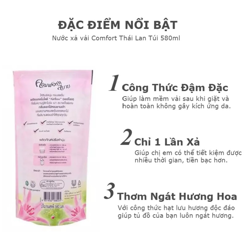 Túi nước xả vải Comfort Thái Lan 580ml (4 Hương tùy chọn)