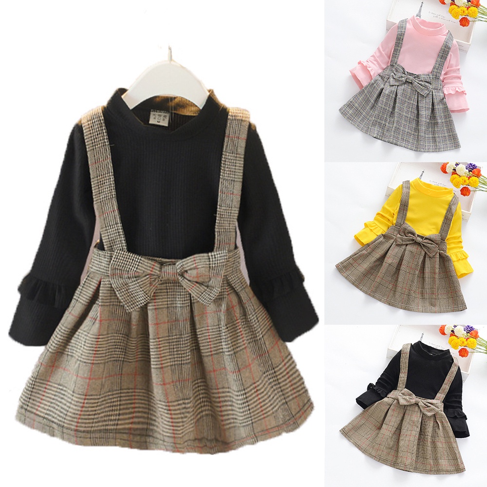Hàng Có Sẵn Set 2 Đầm Caro Tay Dài Lưng Cao Cho Bé Gái
