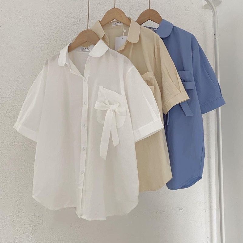 Xả hàng áo sơ mi trắng nữ tay ngắn túi nơ vintage siêu xinh kèm ảnh thật