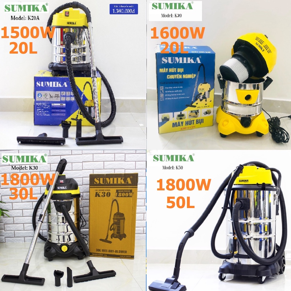 Máy hút bụi công nghiệp Sumika K20A,K20,K30,K50 - 1500W-1600W-1800W Tầng Lọc HEPA-Hút khô, hút nước, thổi - BH 12 Tháng