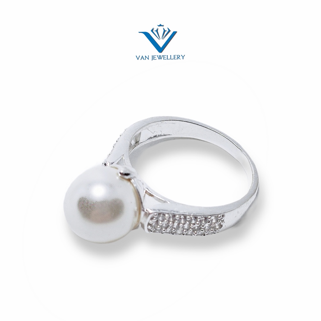 Nhẫn bạc Nhẫn Ngọc Trai nhân tạo Van jewelry V10235 viền đá trắng nhỏ sang trọng