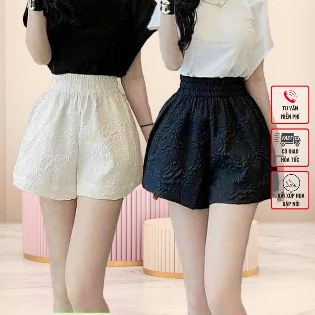 Quần đùi nữ lưng thun vải xốp phồng in hoa nổi 2 màu Đen Trắng