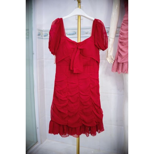 Đầm công sở - Đầm voan nhún đuôi cá tay phồng nơ ngực