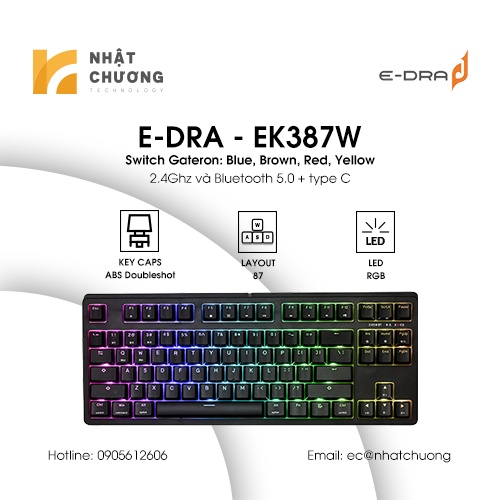 Bàn phím chơi game cơ E-DRA EK387w RGB TKL. Bảo hành chính hãng 24 tháng.