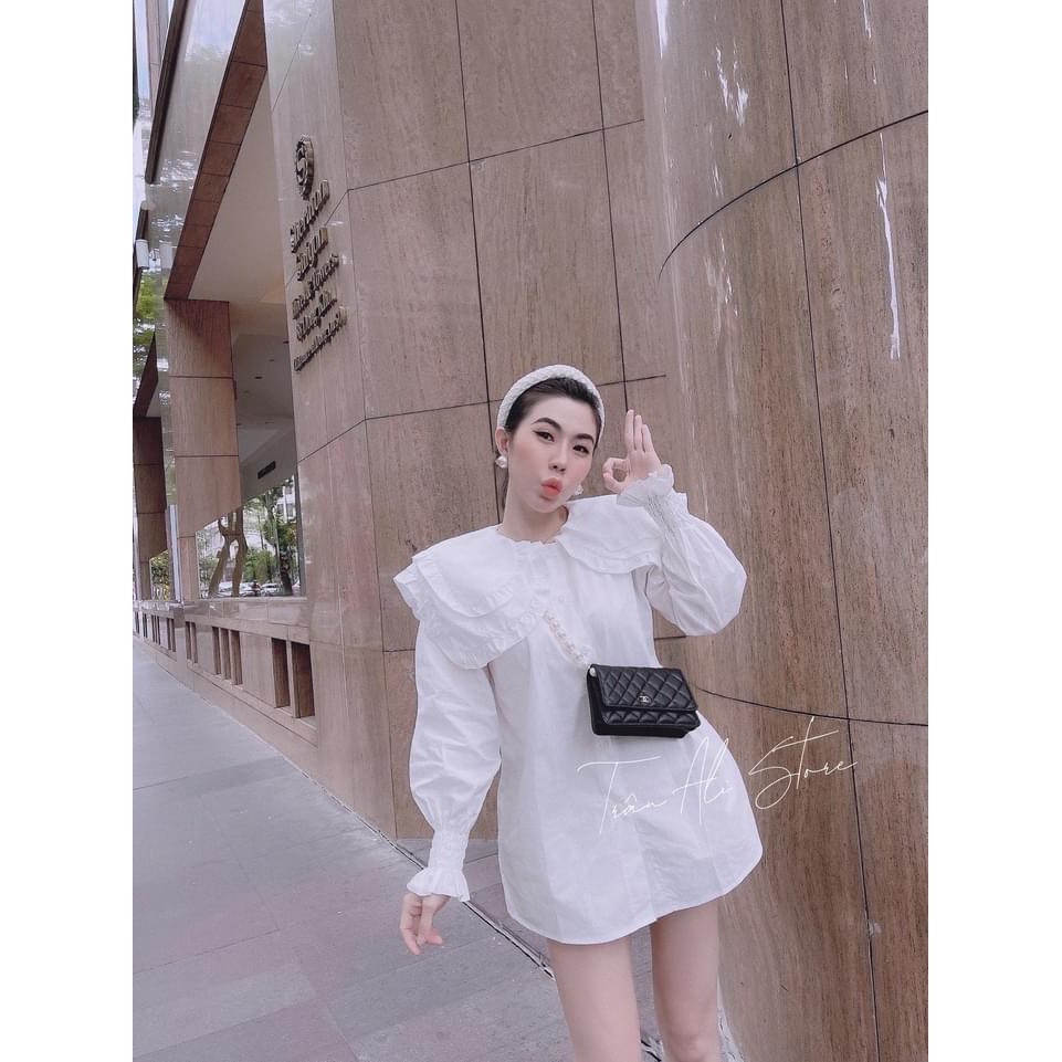 Sơ mi trắng chất thô bo tay cổ 2 bèo ( ảnh thật+ video )