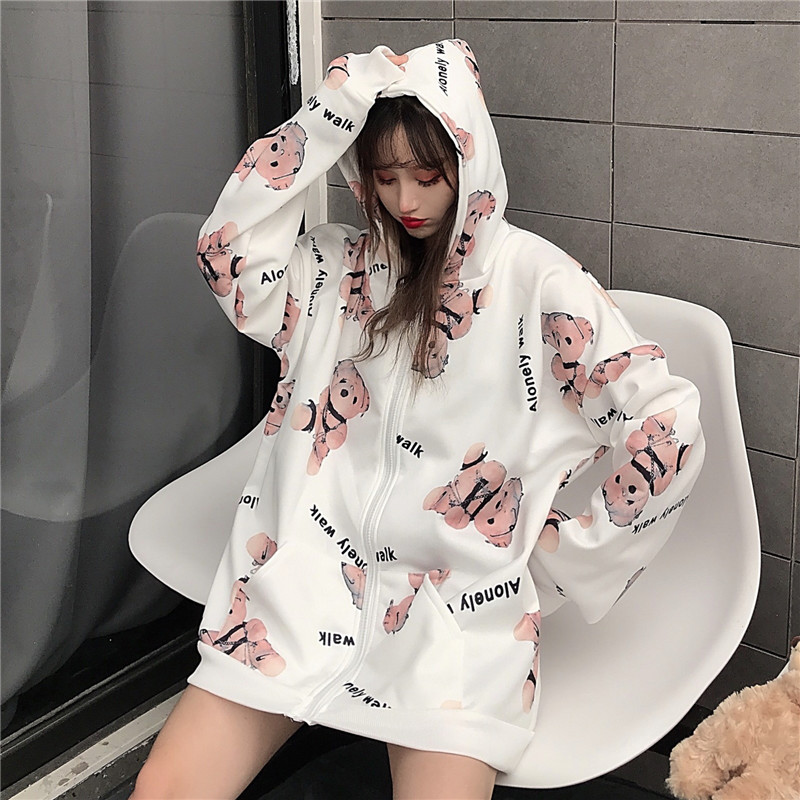 NEW Áo Khoác Cardigan Có Mũ Dáng Rộng In Hình Gấu Dễ Thương Thời Trang Mùa Thu Cho Nữ | BigBuy360 - bigbuy360.vn