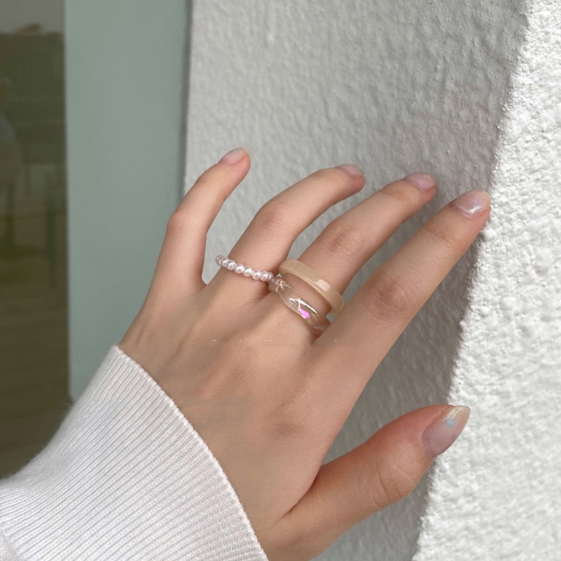 Bộ 3 Nhẫn Đính Ngọc Trai Acrylic Thời Trang Hàn Quốc