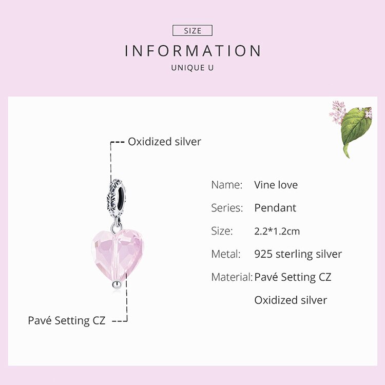 Mặt dây chuyền/vòng tay bamoer SCC1816 bằng bạc 925 hình trái tim đá hồng và xanh lam thời trang DIY