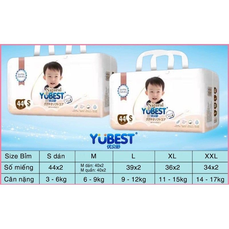 Bỉm Yubest natural cao cấp mới nhất 2021 đủ size S44/M40/L39/XL38/XXL34