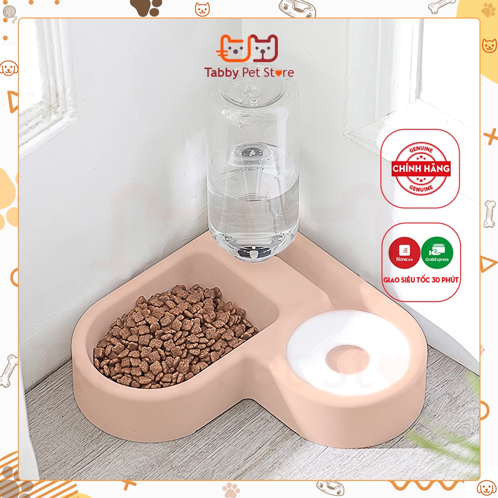 Bát ăn trái tim kèm bình nước tự động cho chó mèo thú cưng Tabby Pet Store