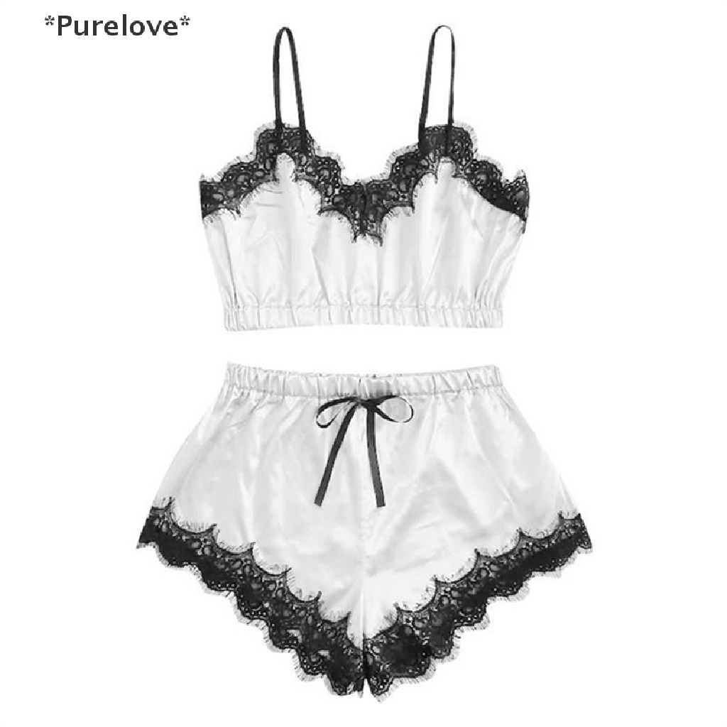 Bộ Đồ Ngủ Áo Hai Dây Phối Ren + Quần Short Vải Satin Quyến Rũ Cho Nữ