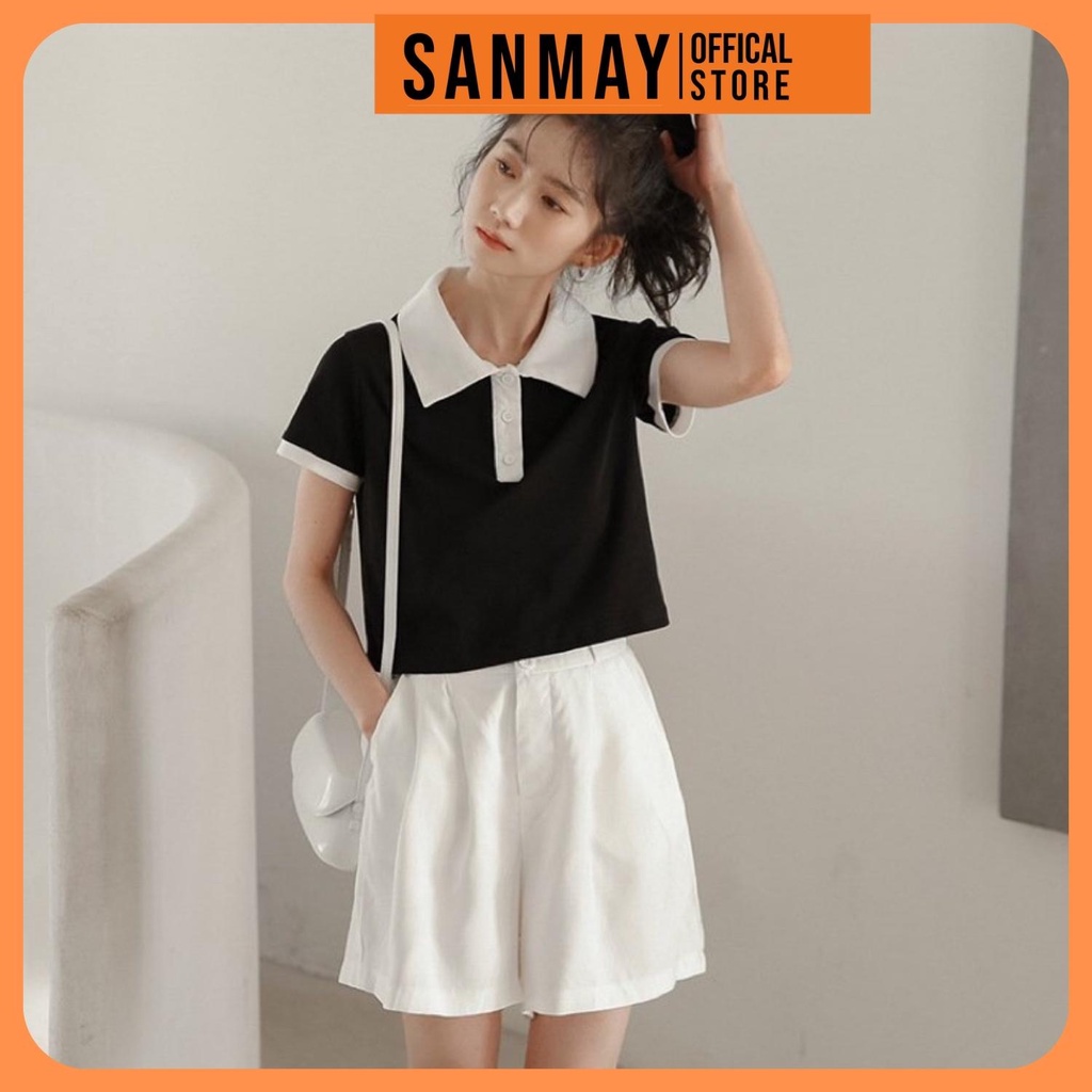 Áo Polo Croptop Kiểu Nữ Tay Ngắn Có Cổ Sơ Mi Bẻ Phông Crt Thể Thao Classic Đẹp Đen Trắng SANJOLI AO015