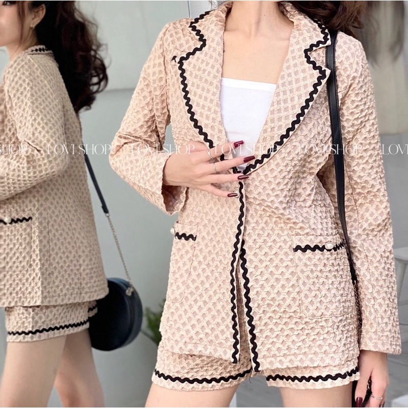 Set vest xốp viền áo vest tay dài kèm quần short 3 màu Lovi