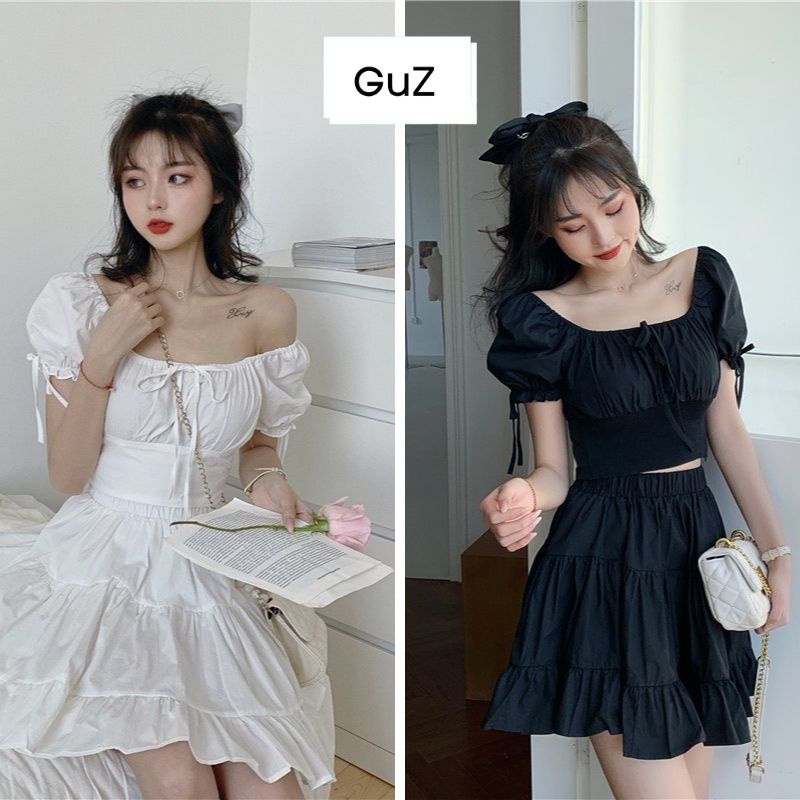 Set áo trễ vai cổ bèo bo eo tôn dáng phối cùng chân váy xòe 3 tầng dáng ngắn thời trang phong cách ulzzang GuZ