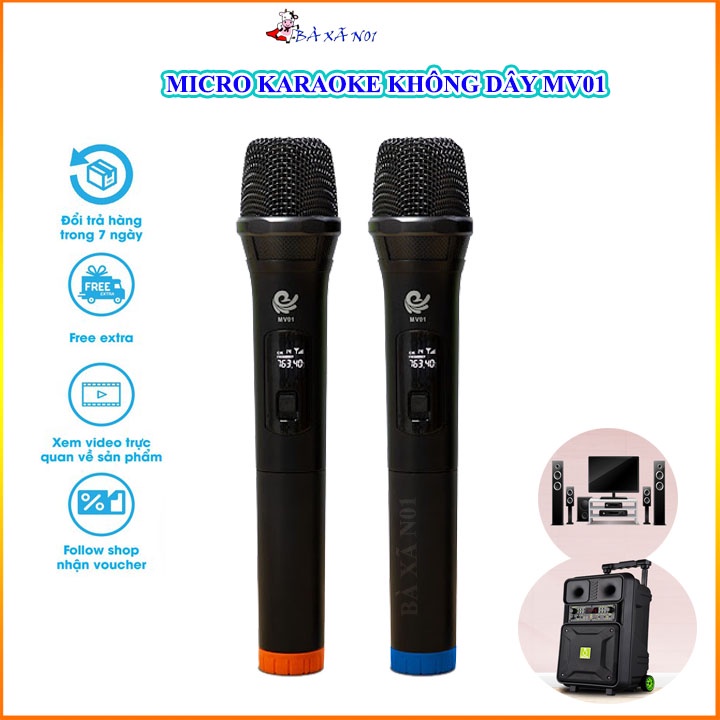 Micro Không Dây, Micro đôi Hát Karaoke MV01, Chuyên Dành Cho Mọi Loa Kéo, Âm Ly - Tần Số 50, Hát Nhẹ Và Êm