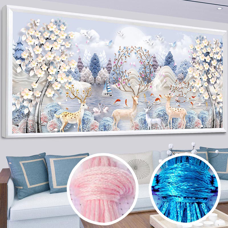 Tranh thêu kín Gia đình Hươu Nai phát tài EDB64 kích thước trung bình 150x70 cm
