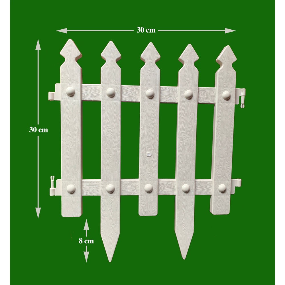 (Combo 3 miếng) Hàng rào nhựa đầu nhọn cao 30cm x dài 30cm có chân cắm màu trắng (Green City)