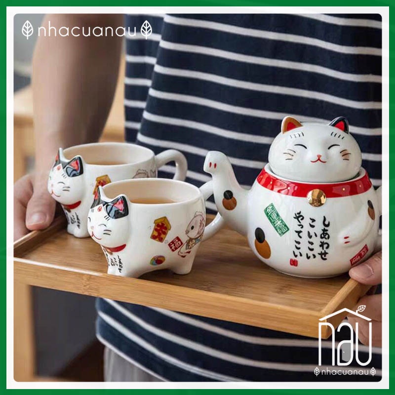 [CÓ SẴN] Bộ ấm chén trà Mèo thần tài Maneki Neko may mắn món quà ý nghĩa mừng Tân gia, bộ trà cho 2 người