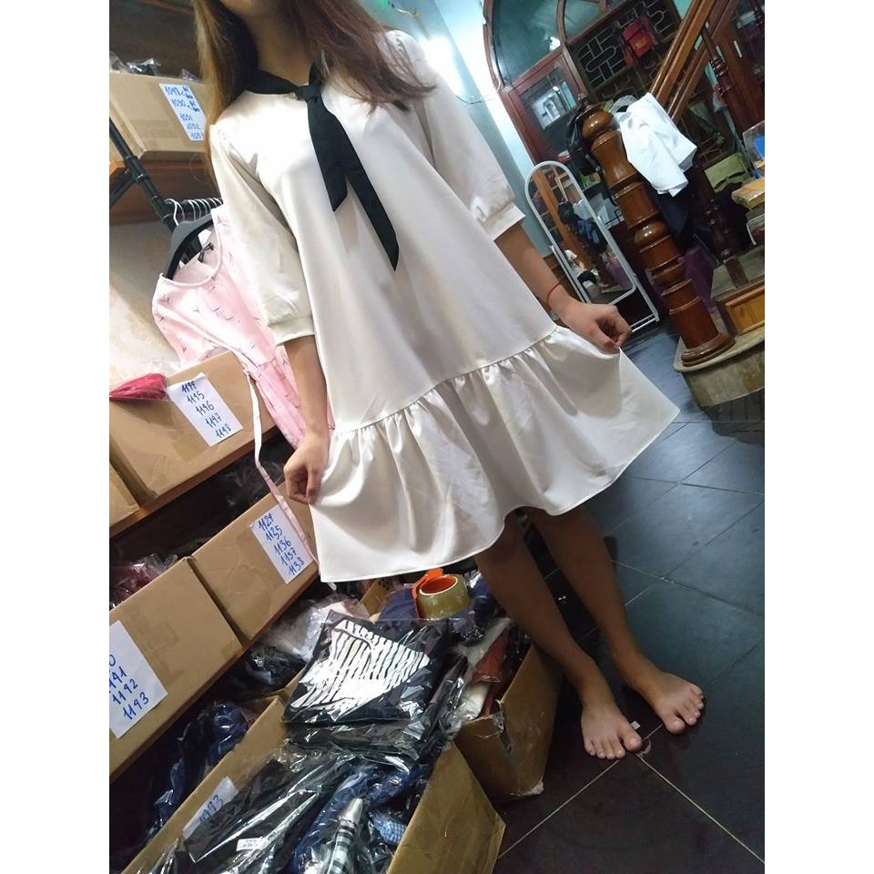 Váy bầu công sở, đầm bầu thiết kế đen trắng, tay bo nhẹ, cổ nơ, hai màu đen, trắng MYC1265