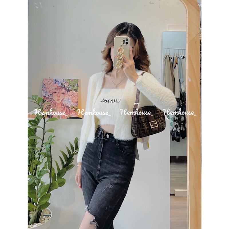 Set áo hai dây len lông kèm áo khoác cadigan