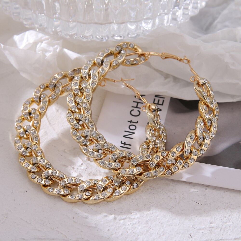 New Punk Crystal Oversize Big Chain Hoop Earrings For Women Exaggerated Geometric Circle Gold Silver Color Mixed Earring Jewelry