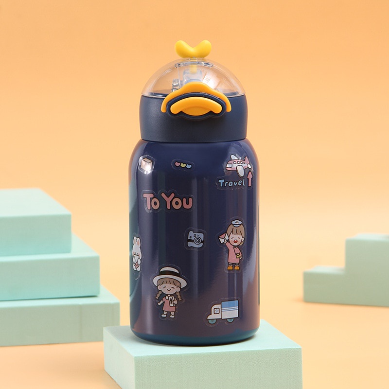Bình nước giữ nhiệt  400ml điểm nhấn trang trí vịt cute tặng kèm ống hút  (BV04)