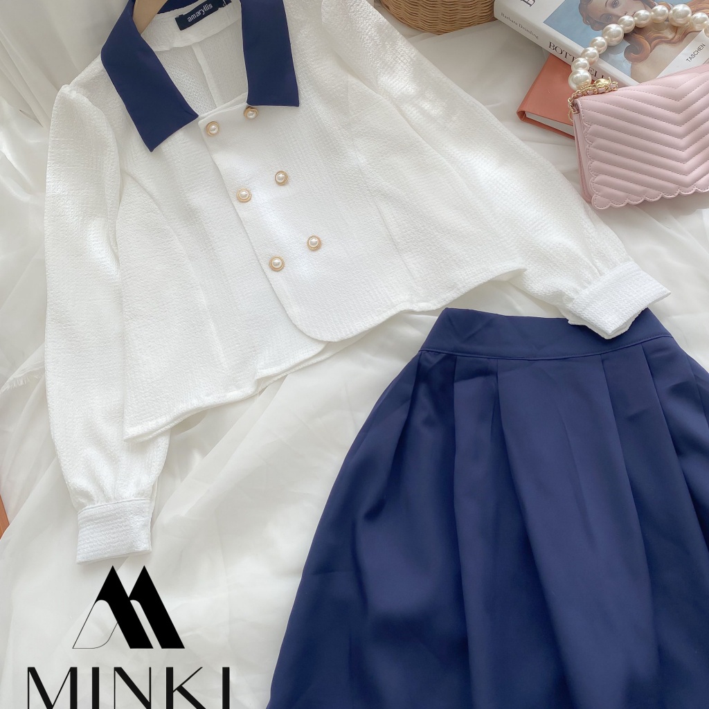 🌸 SET SƠ MI CÚC CHÂN VÁY XANH THAN CỔ ĐIỂN - CHẤT LIỆU CAO CẤP - PHỐI MÀU TRẮNG VÀ XANH ĐEN | BigBuy360 - bigbuy360.vn