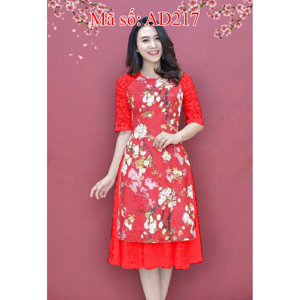 AD217 có 4XL Set áo dài cách tân gấm hoa phối tay ren kèm váy ren
