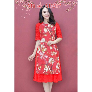 AD217 có 4XL Set áo dài cách tân gấm hoa phối tay ren kèm váy ren