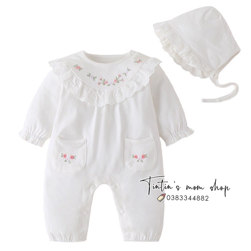 Set body tiểu thư cotton cổ tròn thêu hoa dành cho bé gái đầy tháng 0-3M (Kèm mũ xinh xắn)