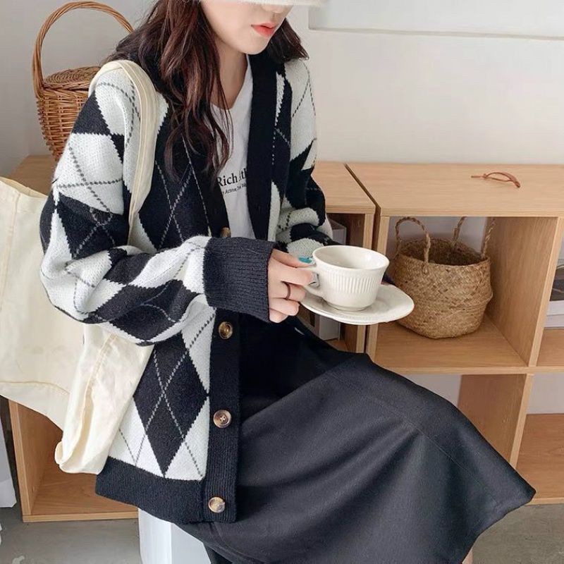 Áo khoác cadigan lông thỏ dáng rộng hoạ tiết kim cương, áo khoác len phong cách Hàn Quốc  - Dolce Len04