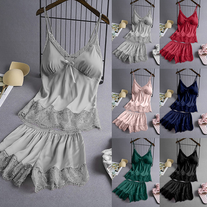 Set Đồ Ngủ Áo Dây Cộc Tay + Quần Short Lưng Cao Quyến Rũ Cho Nữ