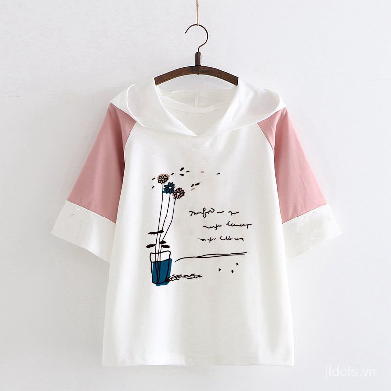 Áo Hoodie Tay Ngắn Chất Liệu Cotton Mềm Mại In Họa Tiết Hoạt Hình Phong Cách Nhật Bản Thời Trang Mùa Hè Cho Nữ