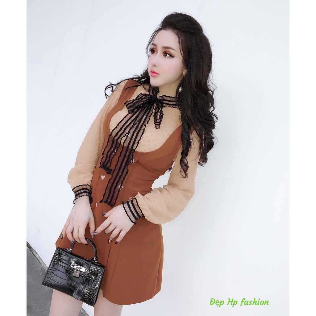 Đầm A nơ ren nâu vàng set bộ rời ^ ĐẸP HP FASHION ^