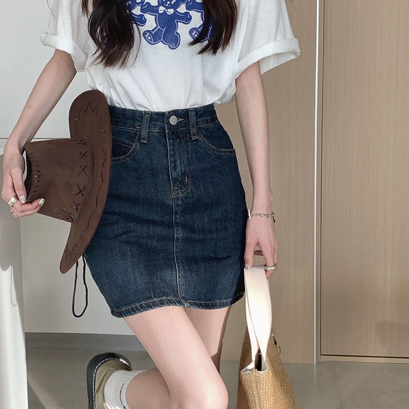 HUANG YOYO Chân váy chữ A lưng cao màu xanh lam đậm phong cách retro Hàn Quốc