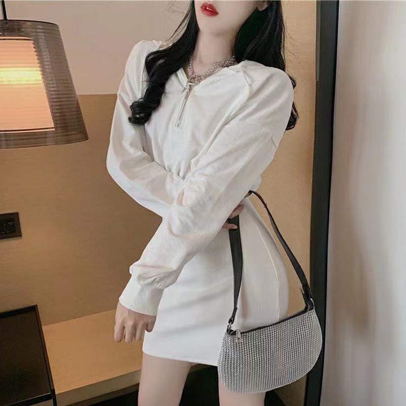 Đầm IELGY dệt kim dài tay có mũ trùm ôm eo thời trang cho nữ