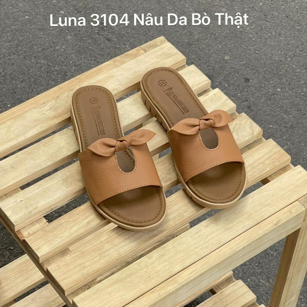 Dép lê nữ đế bằng 2p LUNASHOES 3104 da bò mềm êm chân mũi hở có nơ quai ngang thoáng mát bảo hành 2 năm