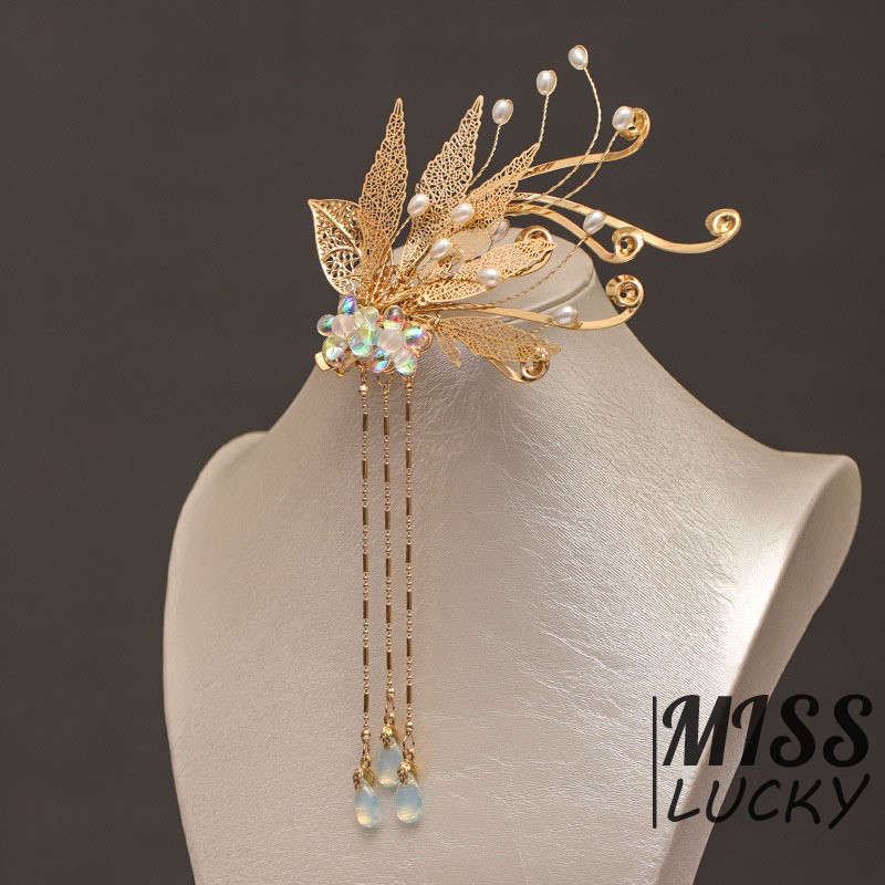 ❤HHN-VN Chinese traditional costume ancient hairpin fresh super fairy-tale style leaf design tassel step shaking headdress