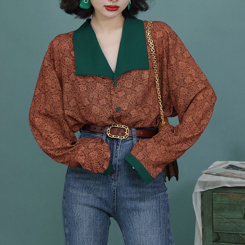 Áo Sơ Mi Nữ Dài Tay In Hoa Phong Cách vintage Màu Sắc Tương Phản