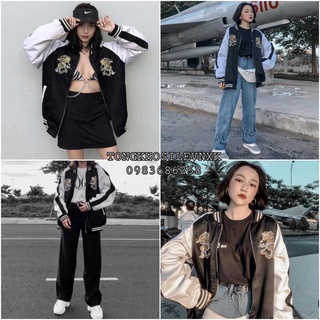 Áo bomber unisex rồng - áo khoác dù dragon basic đen phối trắng