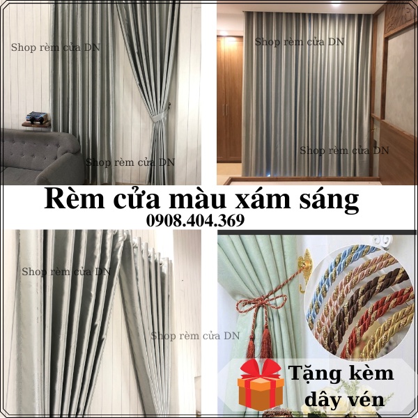 Rèm vải cửa sổ màu xám sáng chống nắng tặng kèm dây vén.