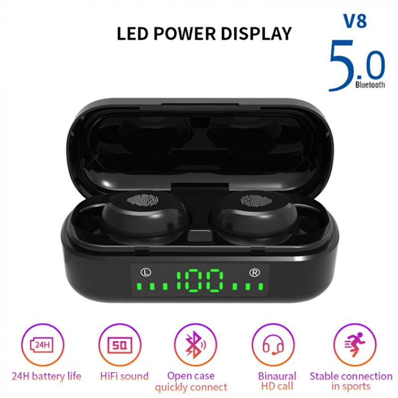 Tai Nghe Không Dây Amoi V8 TWS Hỗ Trợ Bluetooth 5.0 Có Đèn Led Kèm Nút Tai