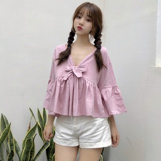 Áo sơ mi nữ kiểu croptop bánh bèo hàn quốc dáng babydoll cổ vuông ulzzang tay dài