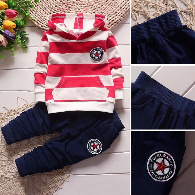 Set áo hoodie tay dài họa tiết kẻ sọc + quần dài thời trang mùa thu xinh xắn dành cho bé